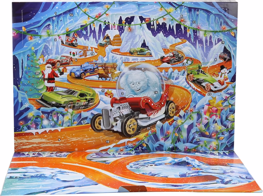 The box opened into a snowy mountain race scene with the yeti snow-globe car