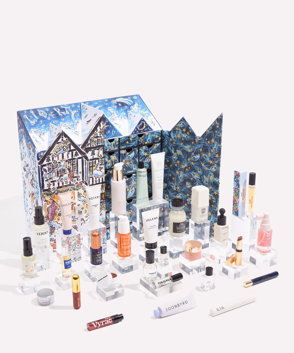 The Liberty Beauty 2026 box seen from the side, products stepping down in front of it