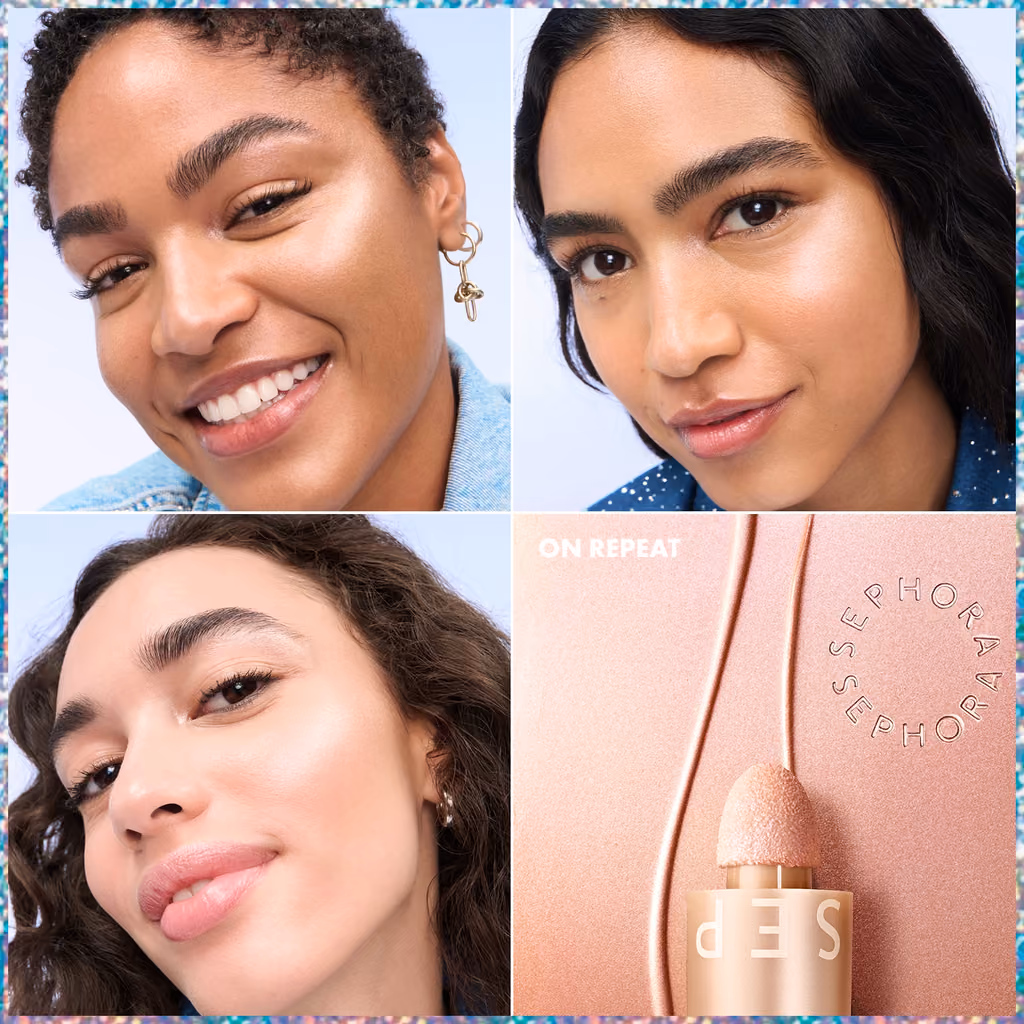 Models wearing the Sephora Collection 2026 makeup, with a highlighter swatch