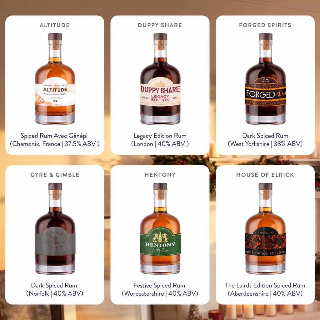 Six of the rums with their regions and strengths, Altitude to House of Elrick