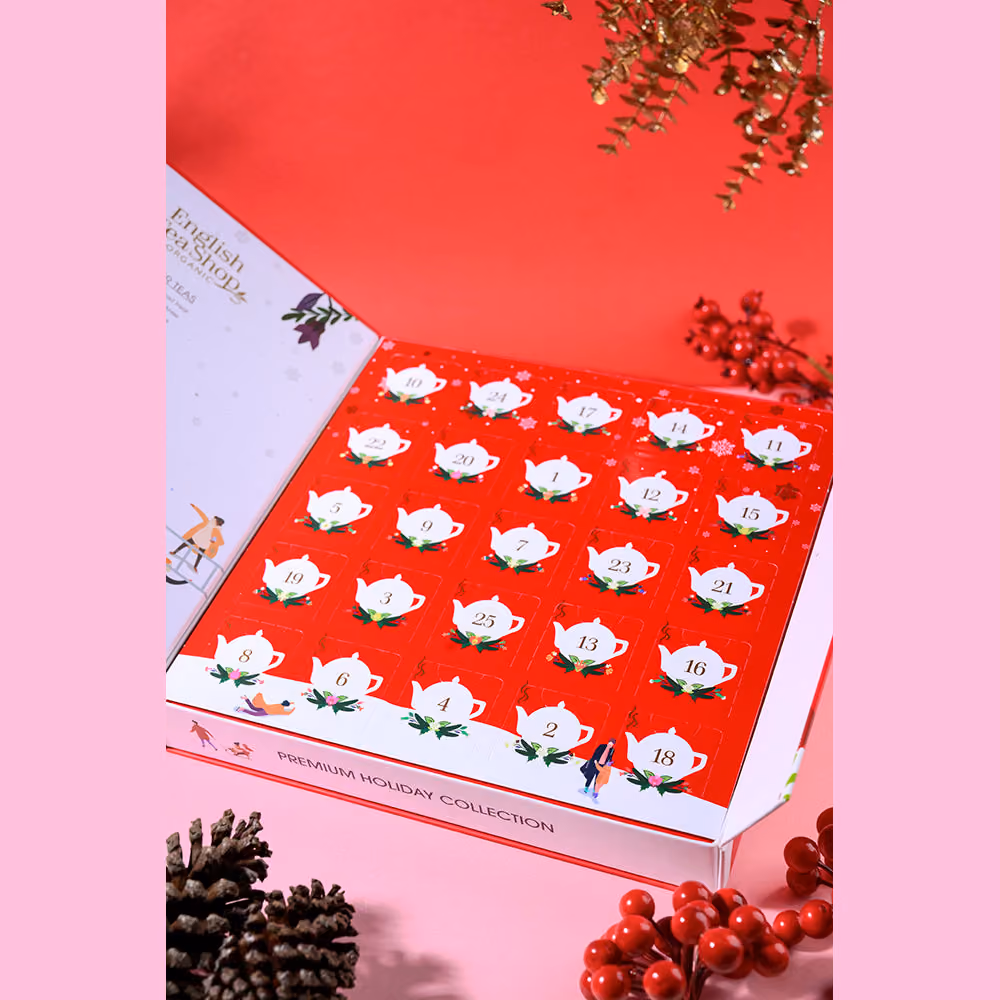 The red book opened to its grid of 25 pyramid tea bags