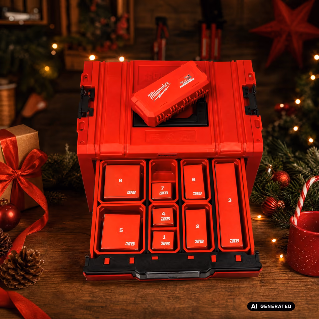 The red RHINO drawer case from the front, numbered compartments filling the open drawer