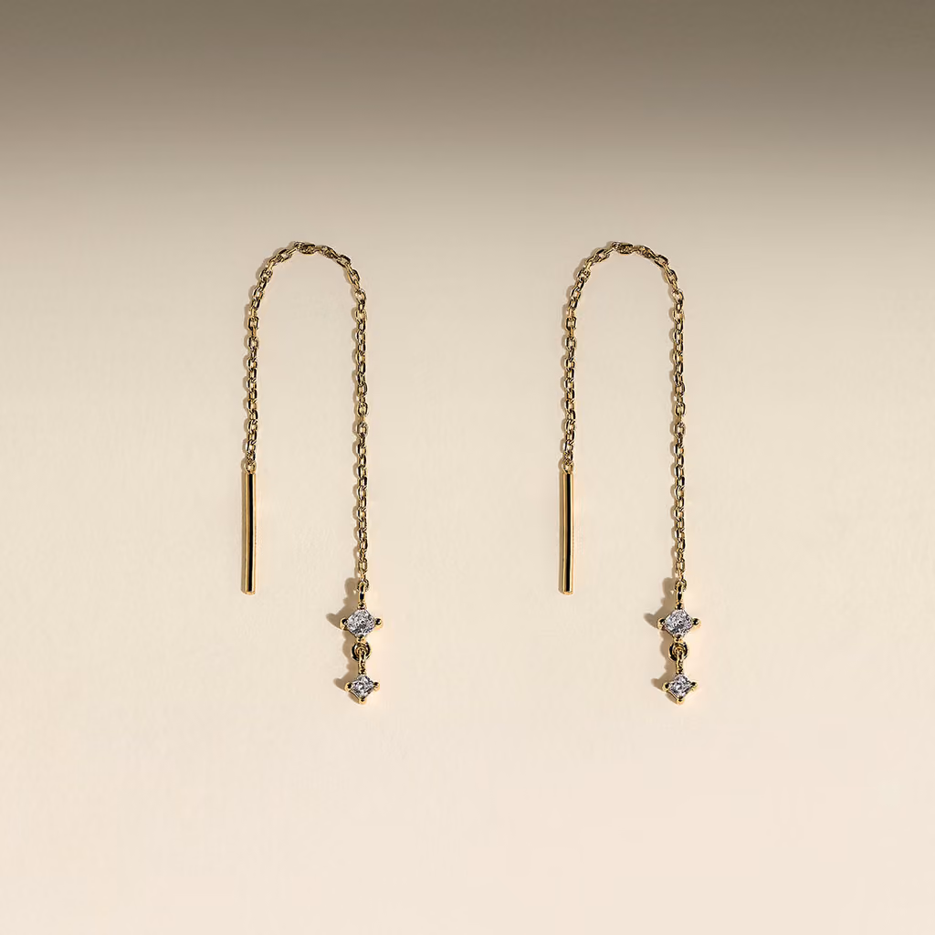 Astrid & Miyu Square Crystal Thread Earrings in Gold