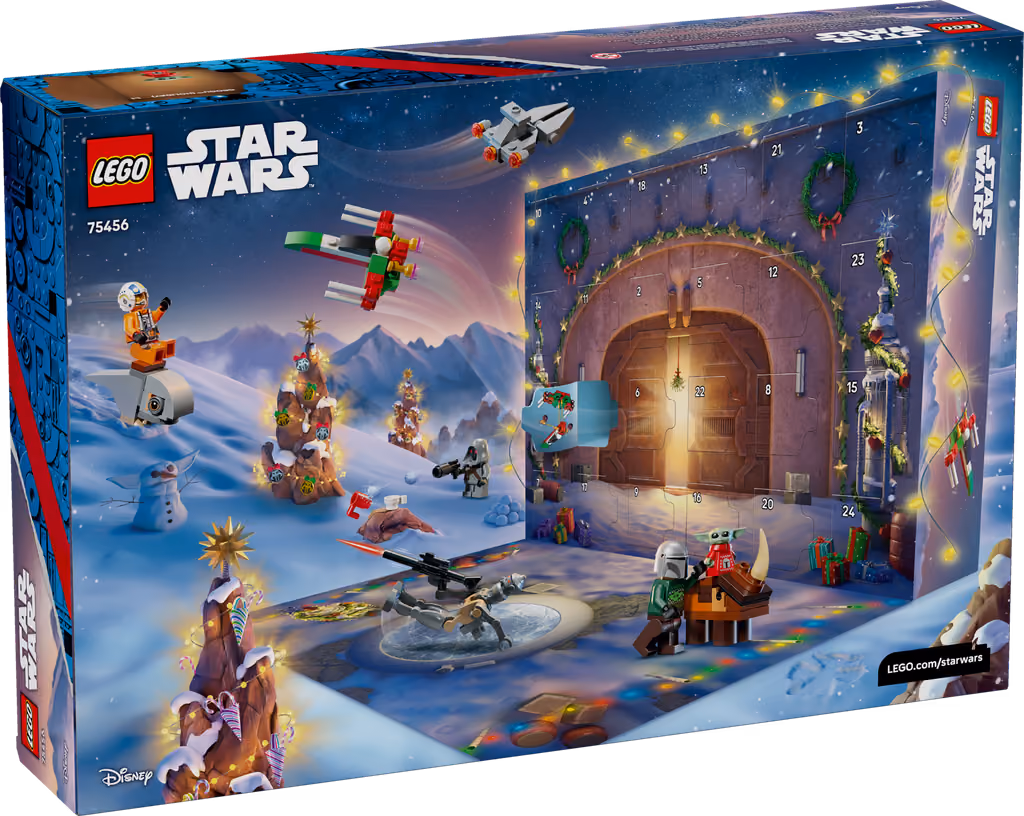 The back of the LEGO Star Wars 2026 box, showing the opened calendar and its snowy Mandalorian scene