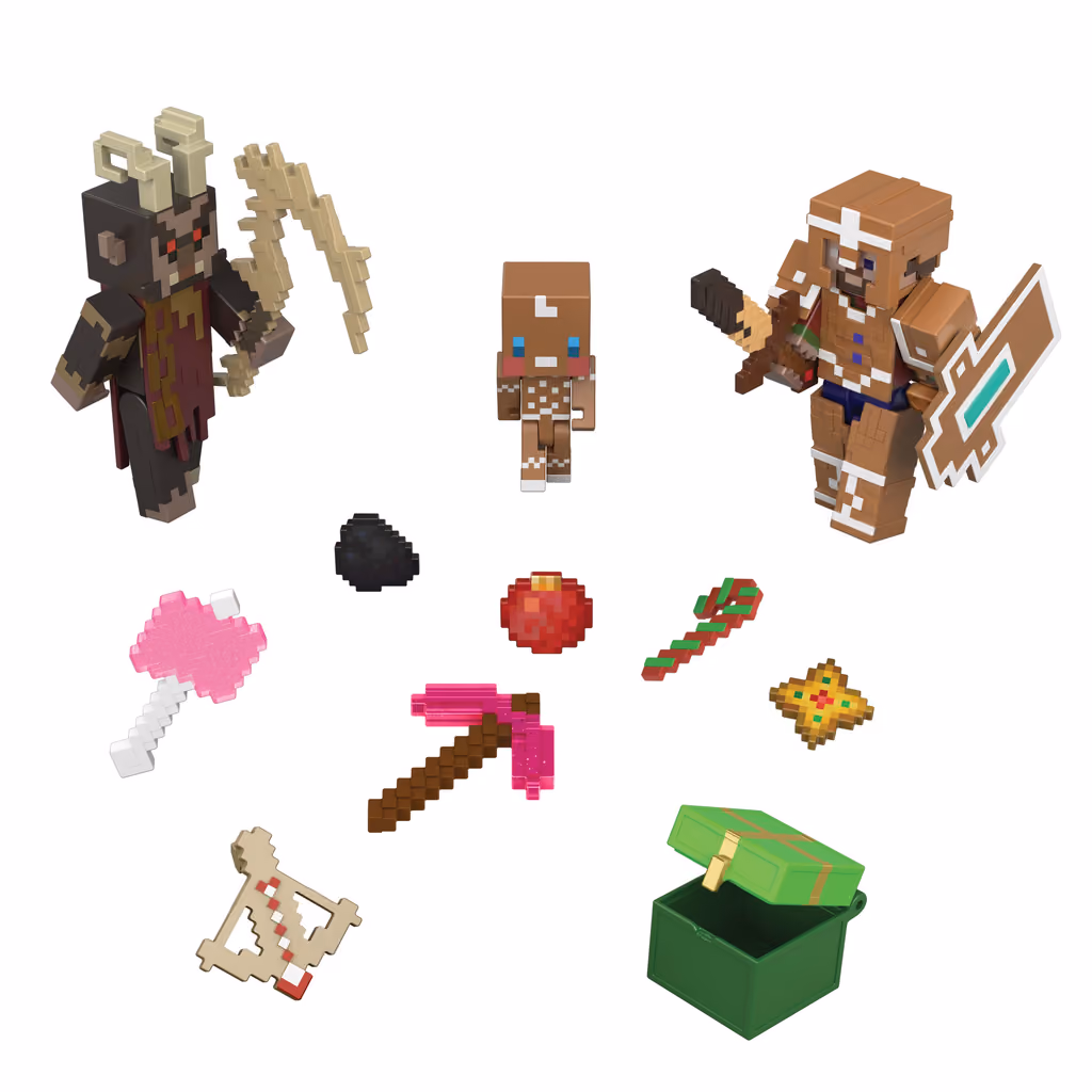 The three figures and the 15 accessories from the calendar laid out on white