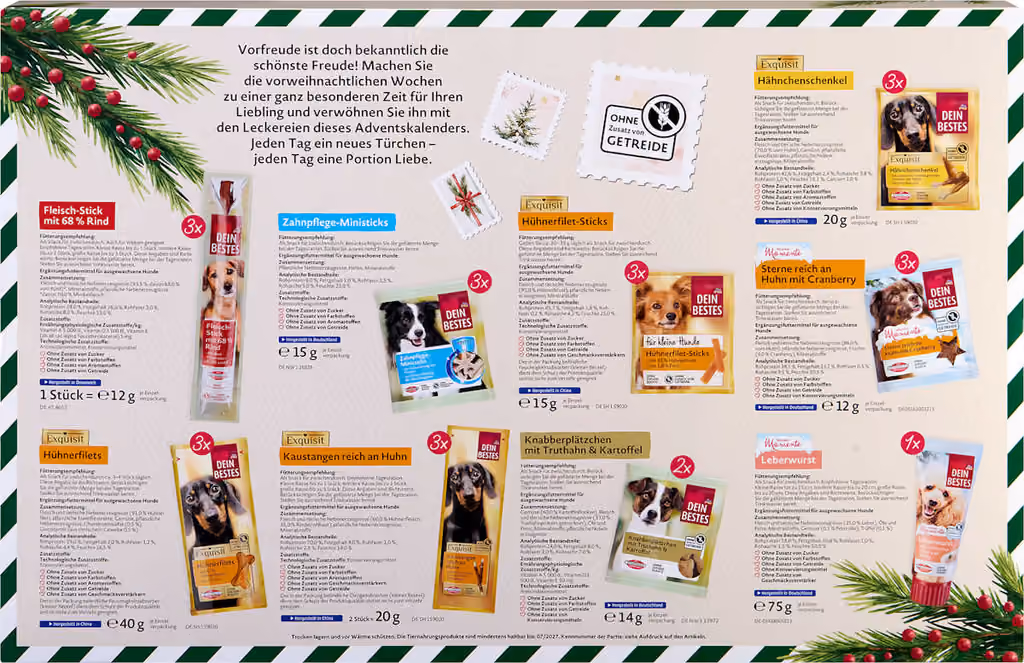 Dein Bestes dog advent calendar 2026, the back panel listing every treat