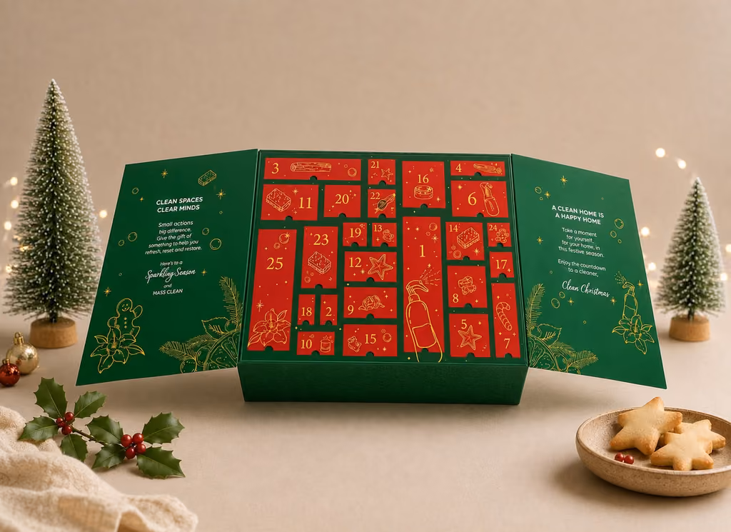 The Yass Clean calendar open, showing 25 red numbered doors