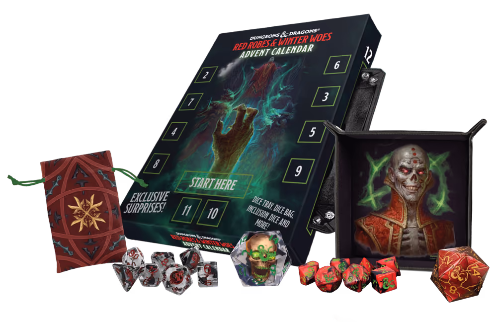 The closed calendar with its dice bag, dice tray and three sets of red and clear dice laid in front