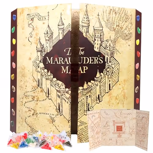 The Marauder's Map calendar open, with the jelly bean bags and trivia cards laid out in front of it