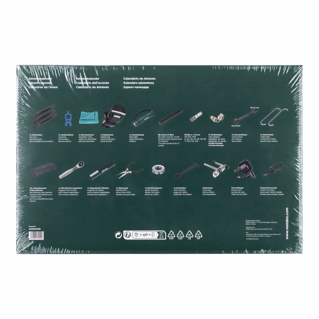 The back of the Metabo box, a green panel picturing each tool inside