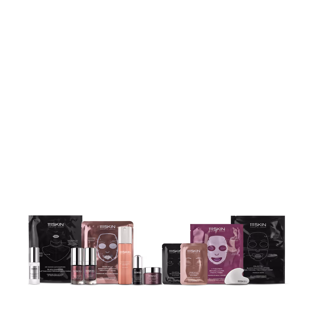 The thirteen products lined up, the masks behind the bottles