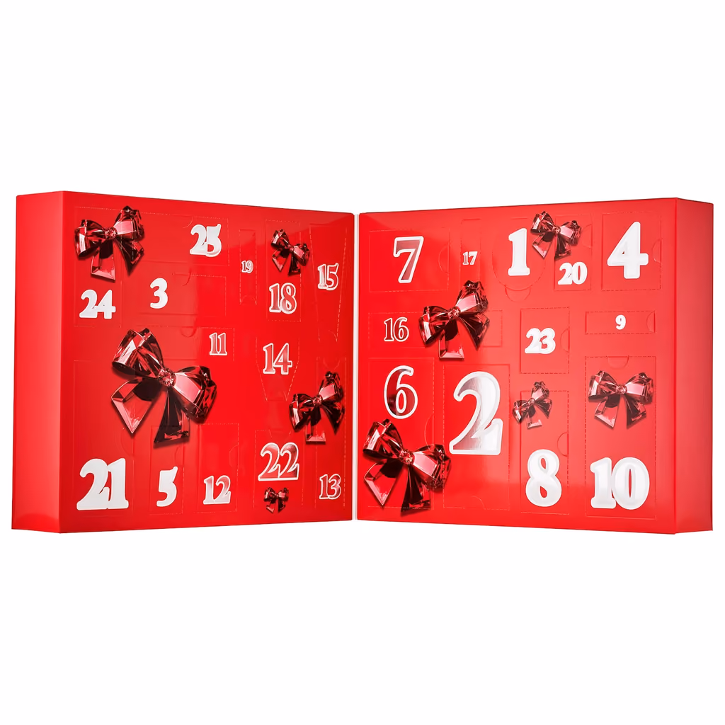 The 25 Days of Beauty Must Haves calendar open, showing 25 numbered doors still sealed