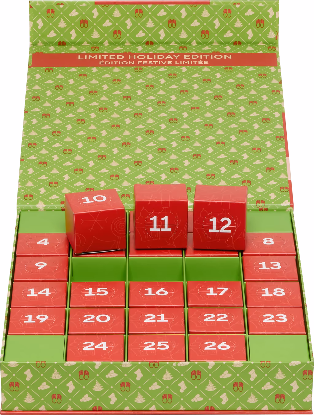The green and red box open flat, numbered red doors 4 to 26 with three doors lifted out