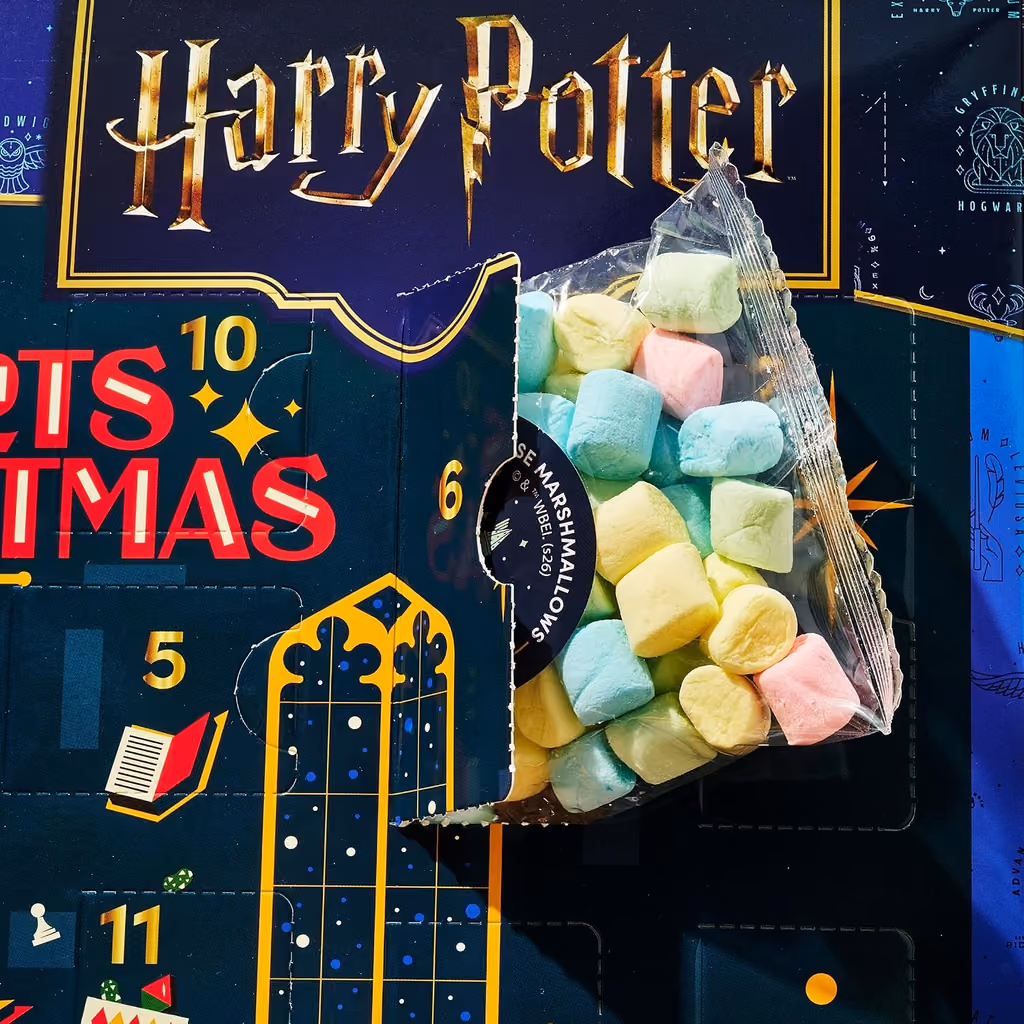 A bag of pastel mini marshmallows against the box front