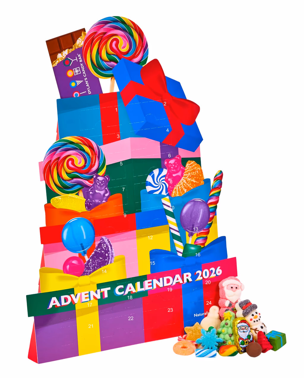 The present-tower box on white with a handful of candies at its foot
