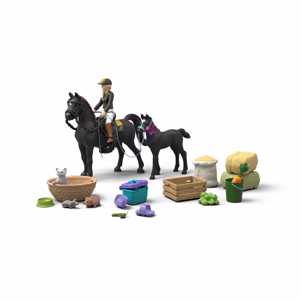 The 32 pieces laid out: Tori, the mare and foal, tack, the kitten, hedgehog and mouse