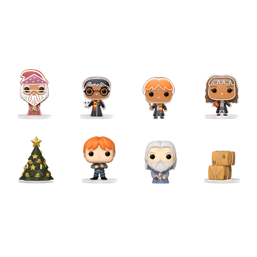 Eight of the 2026 Harry Potter Pocket Pops on white: gingerbread Harry, Ron and Hermione, Dumbledore, a Christmas tree and more