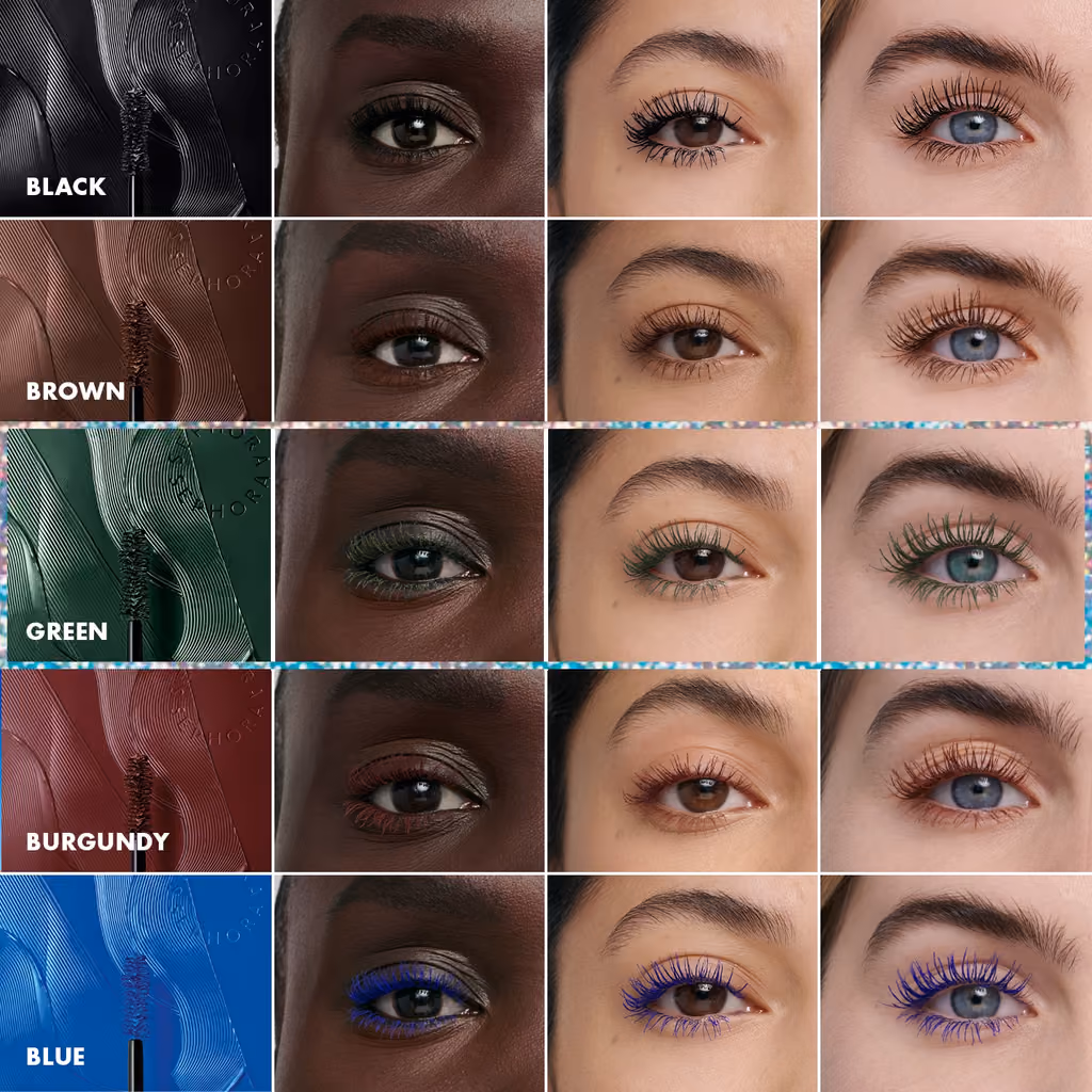 Mascara swatches in five shades from the Sephora Collection Premium 2026 calendar