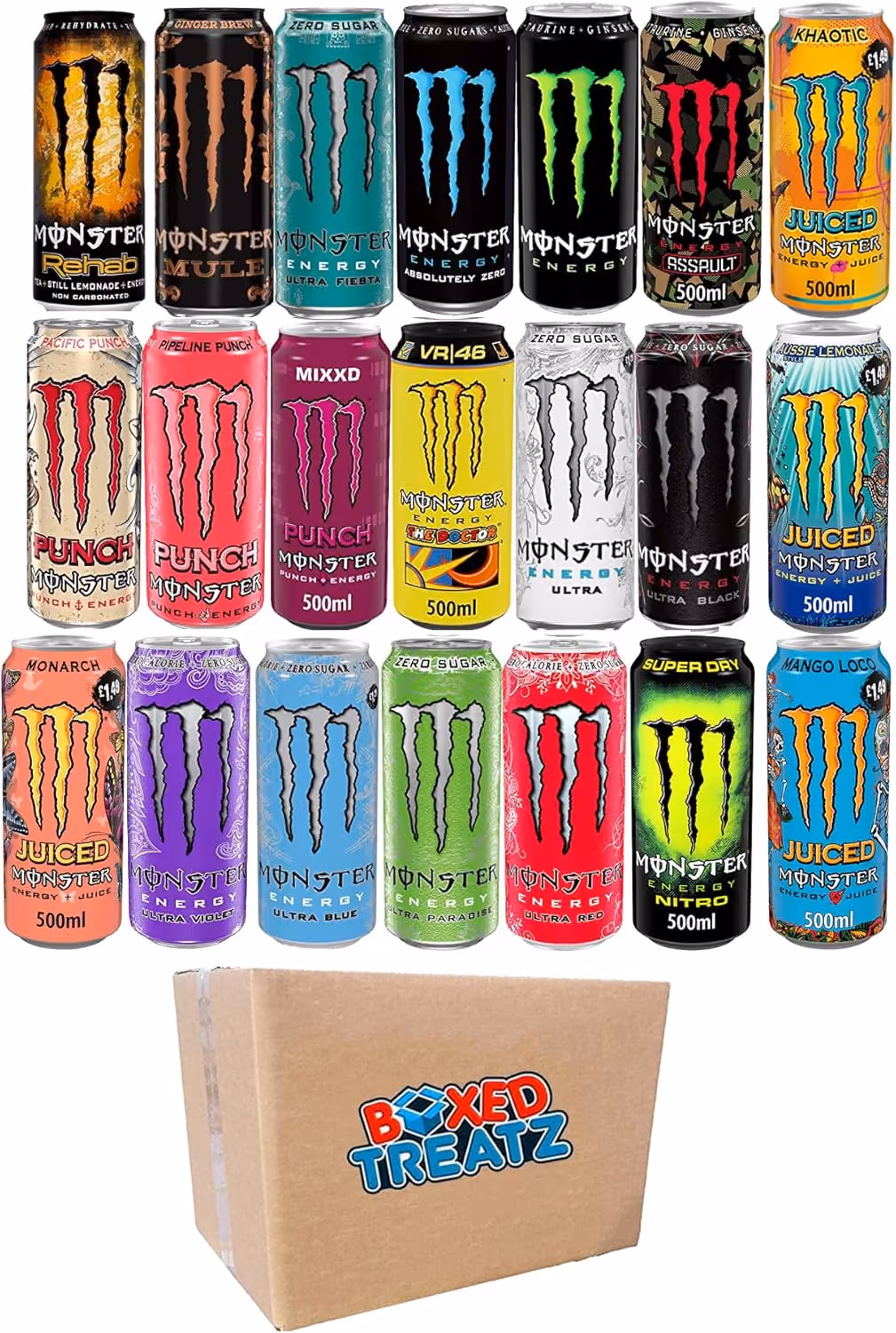 Monster Energy Drink 12 Assorted Flavours advent calendar contents, photograph 1 of 1