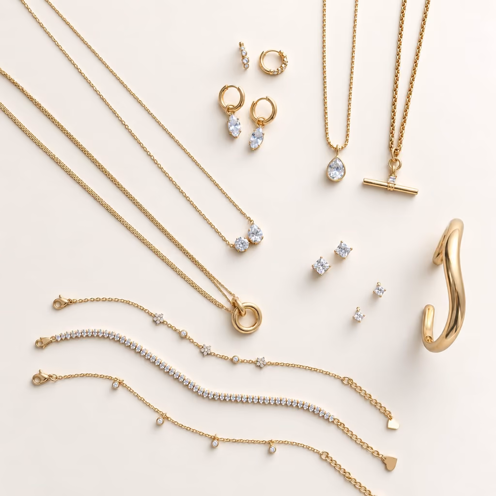 Gold tone necklaces, earrings and bracelets from the calendar laid flat