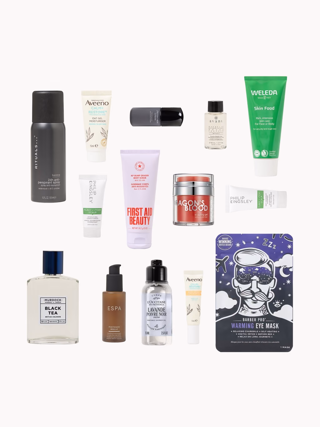 Flat-lay of the skincare and haircare from the calendar on white
