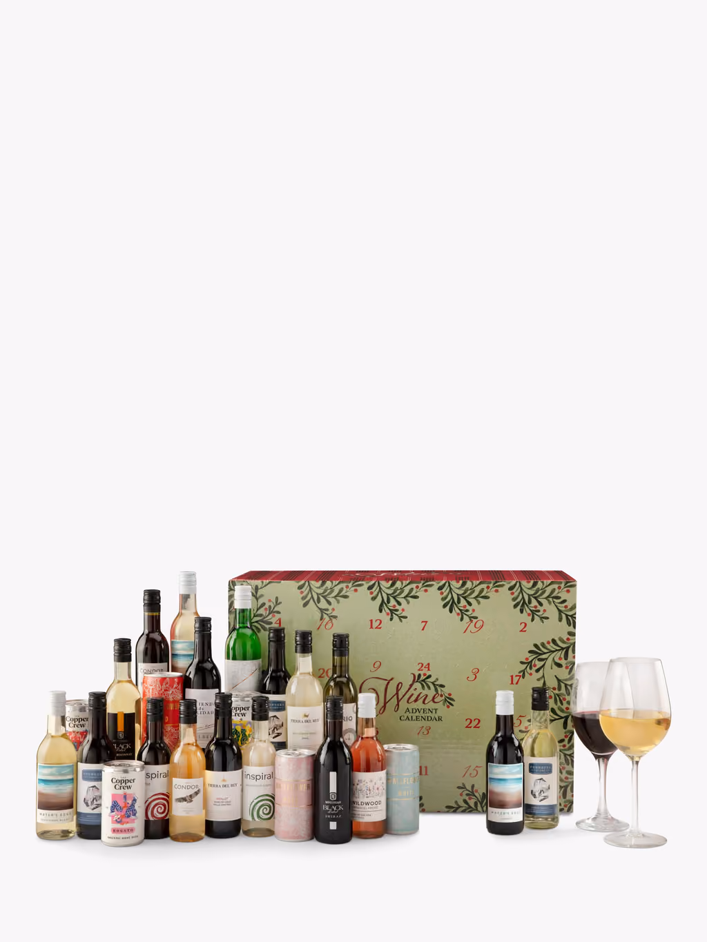 The bottles lined up in front of the box with two glasses of wine