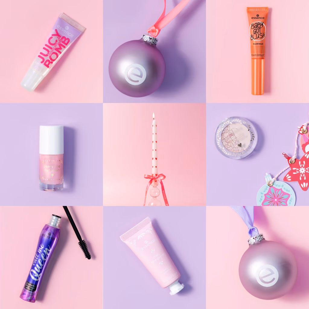 A grid of nine close-ups of Holiday Tree products on pink and lilac