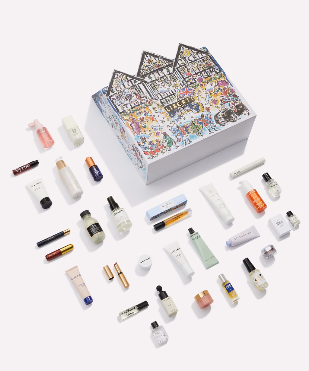 The Liberty Beauty 2026 box from above with the 29 products scattered around it