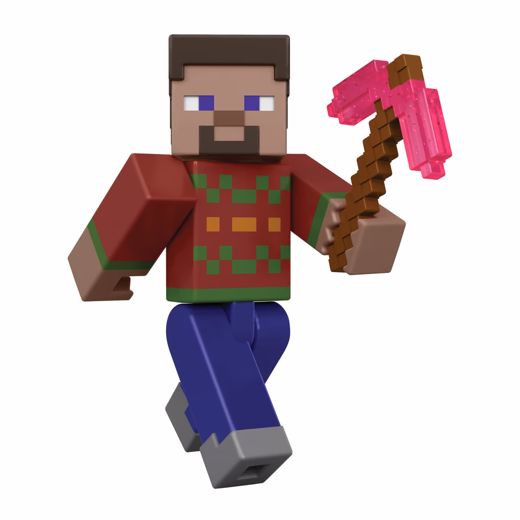 The Steve figure in a festive jumper holding a pickaxe