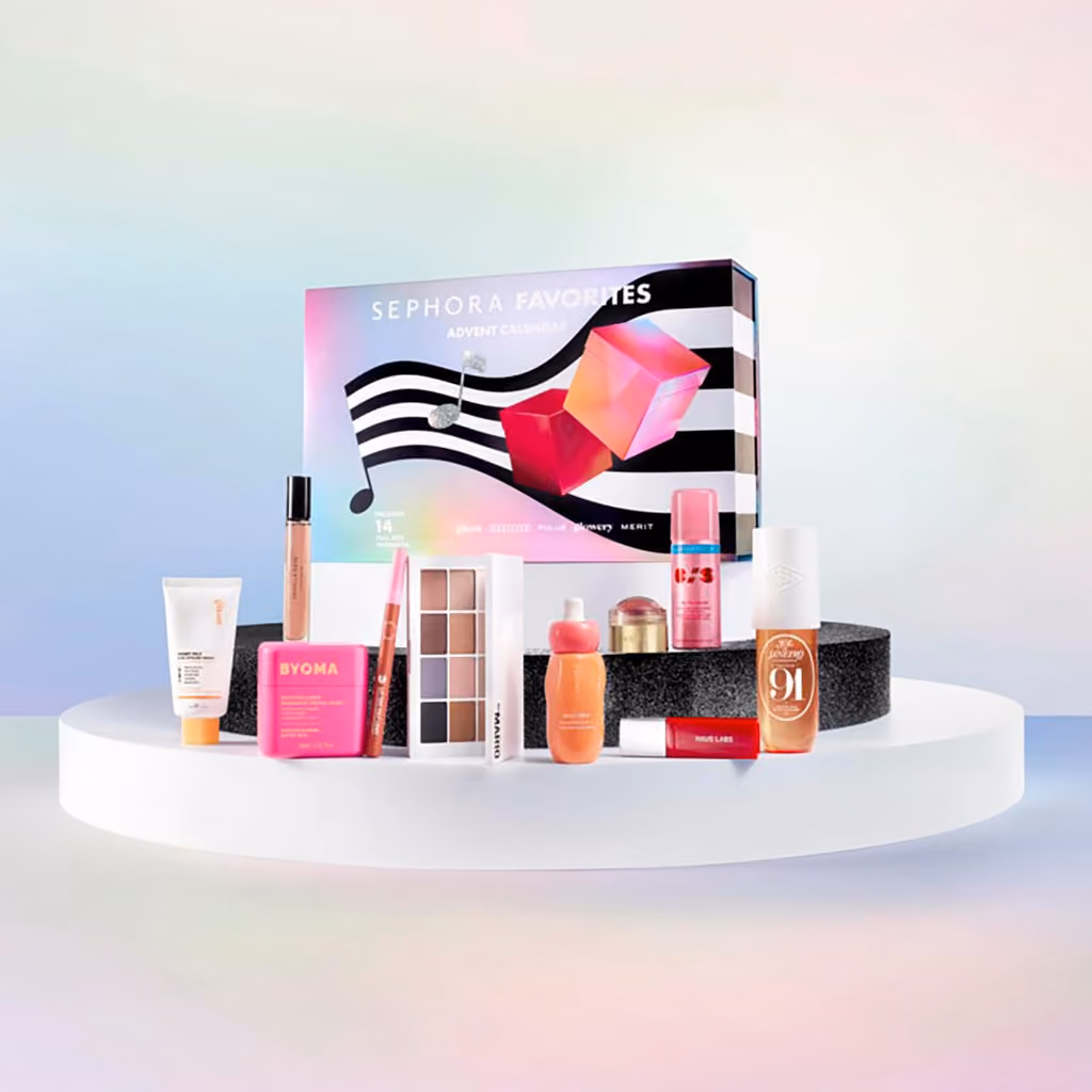 The Sephora Favorites 2026 box open on a plinth with the contents arranged in front