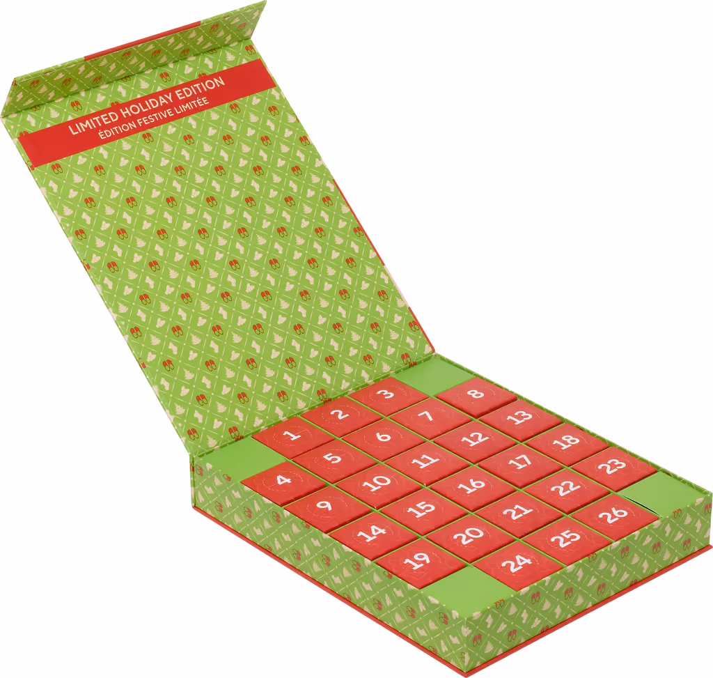 The box opened at an angle, its 26 red numbered doors closed