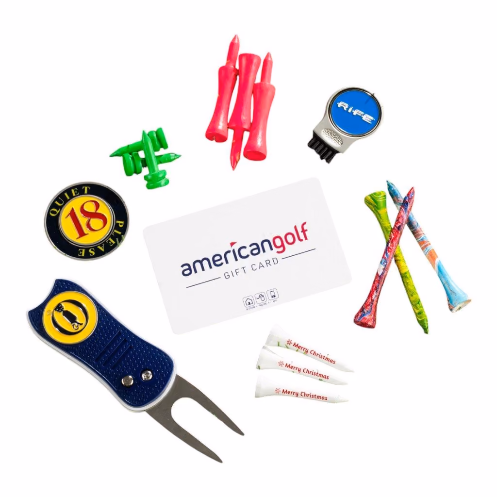 Tees, a Quiet Please ball marker, a pitchfork, a Rife groove tool and an American Golf gift card