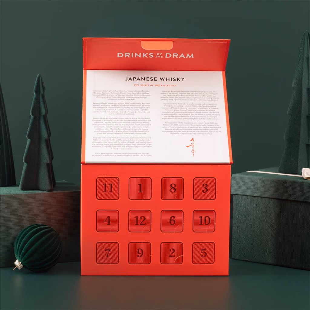 The box with its lid raised over 12 numbered doors and a guide to Japanese whisky
