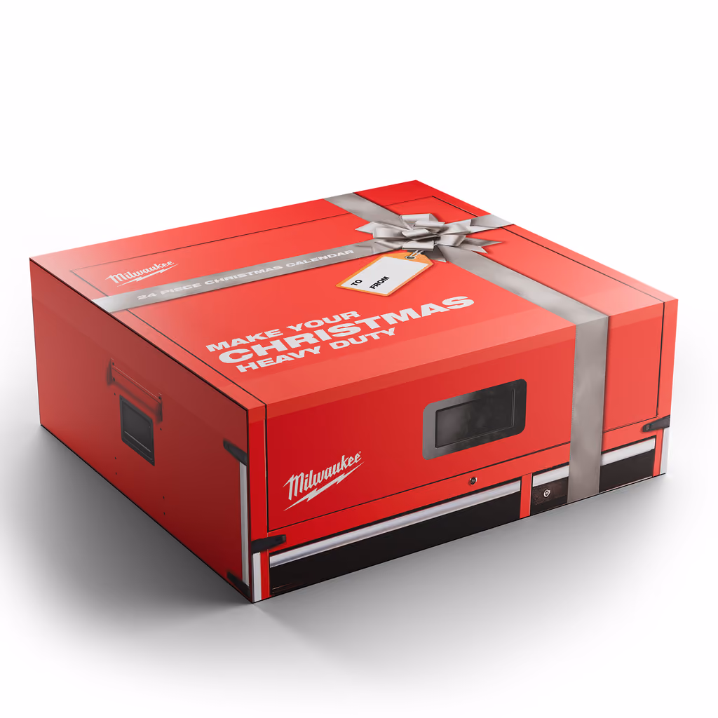 The red tool-chest box from the side, with its silver bow