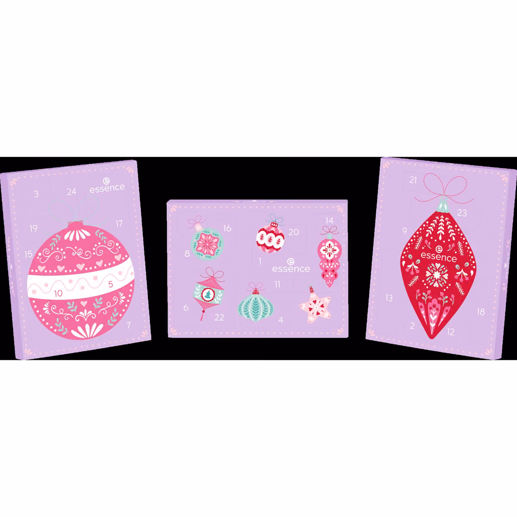 The three lilac bauble-printed panels of the Holiday Tree calendar laid flat, doors shut