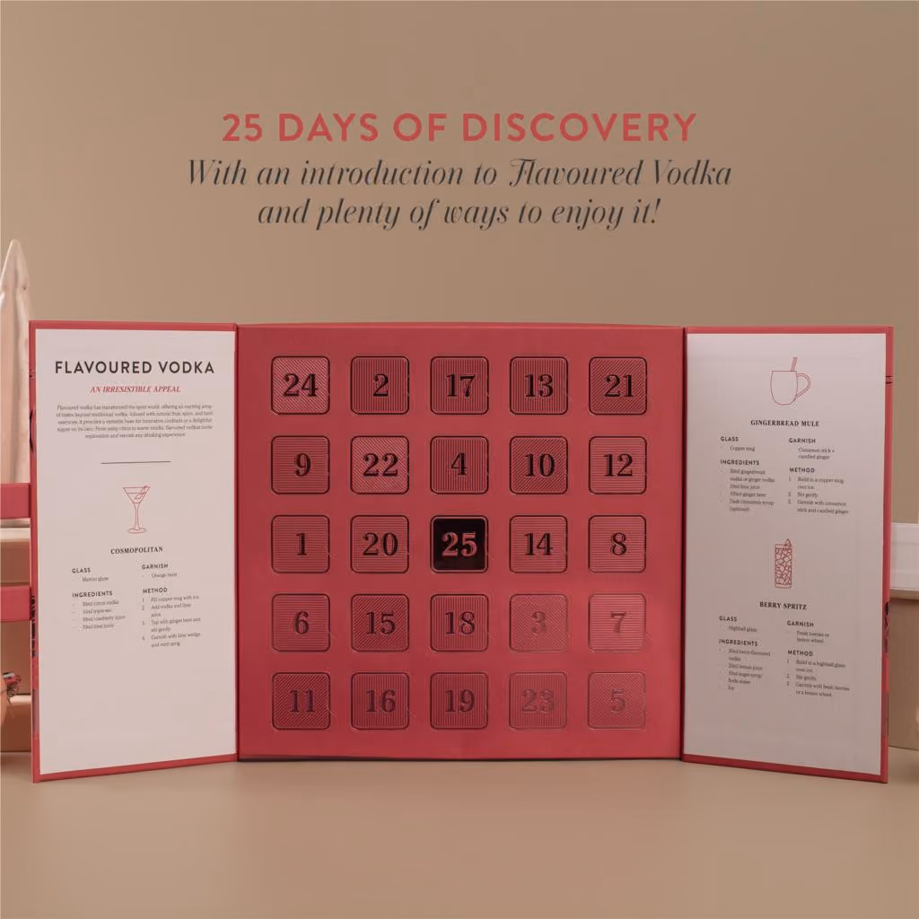 The box opened to 25 numbered doors with a flavoured vodka guide in the flaps