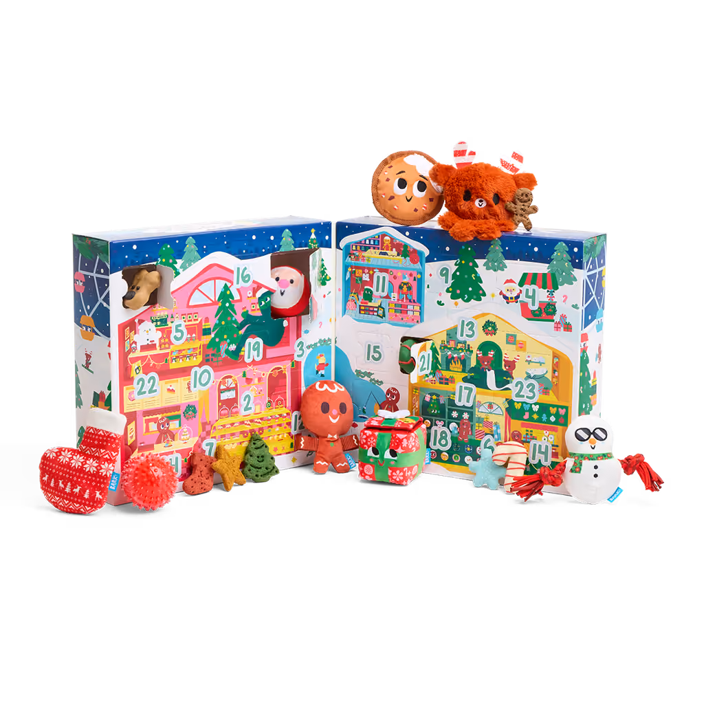 The open box with the eight plush toys and treat bags spread around it