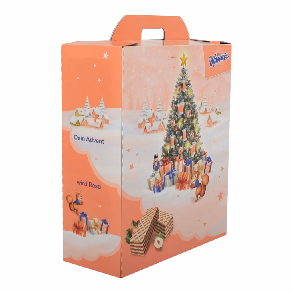 The box from the side, with Dein Advent wird Rosa printed on the end panel