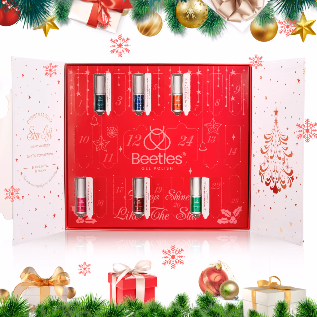 The open calendar with the gel polishes lined up inside, framed by decorations