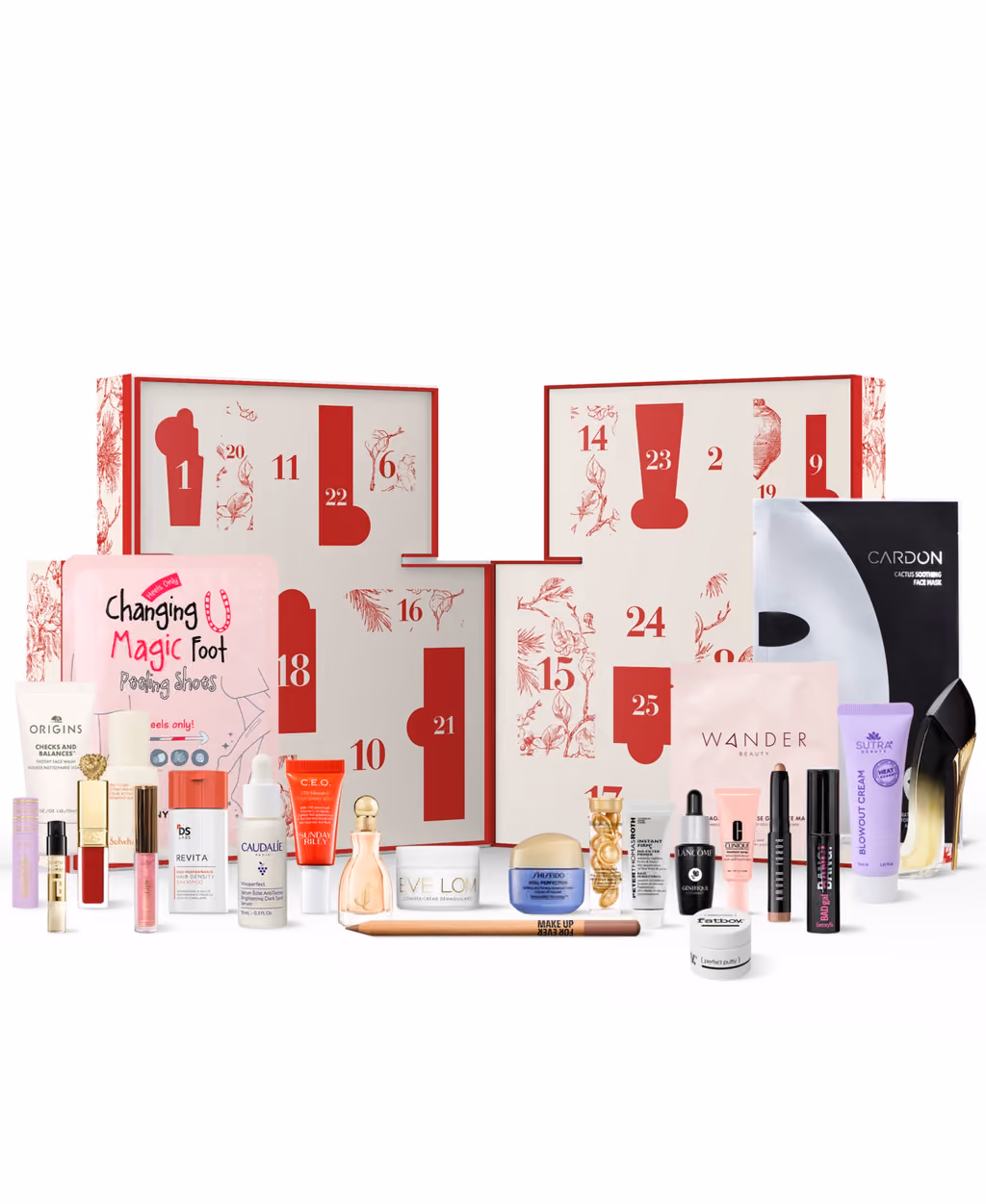 The box opened on its numbered doors with the products around it
