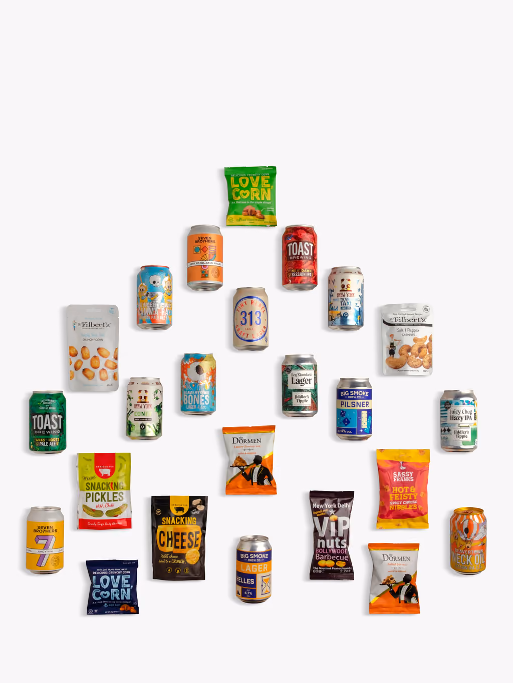 The cans and snack packs arranged in a Christmas tree shape