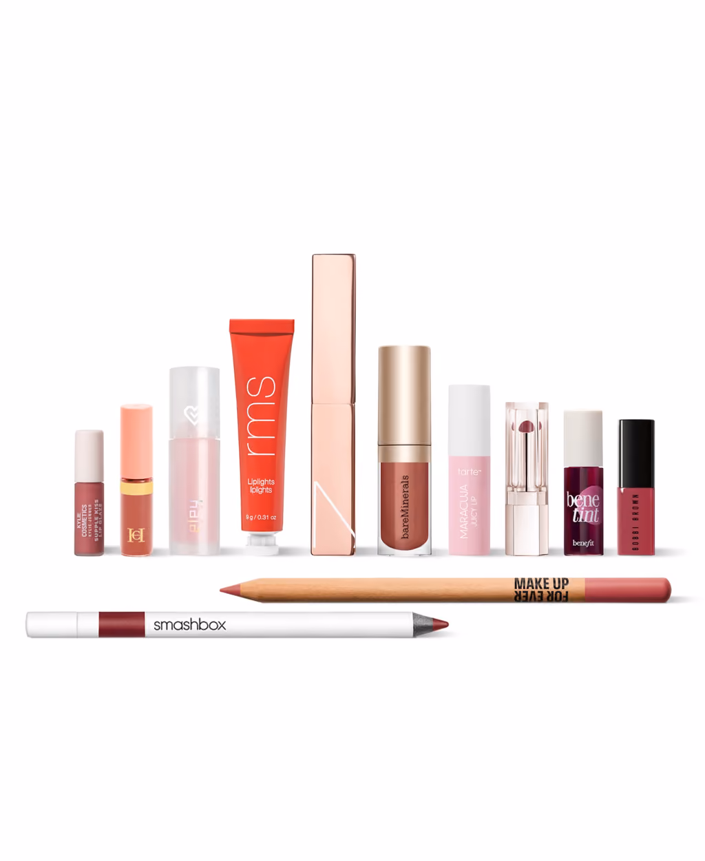 The twelve lip products laid out in a row