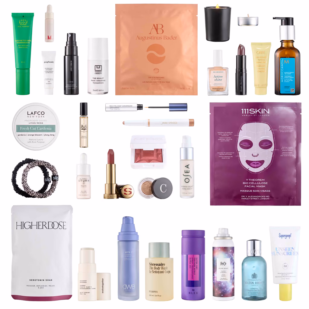 All 31 products laid out in a flat lay on white