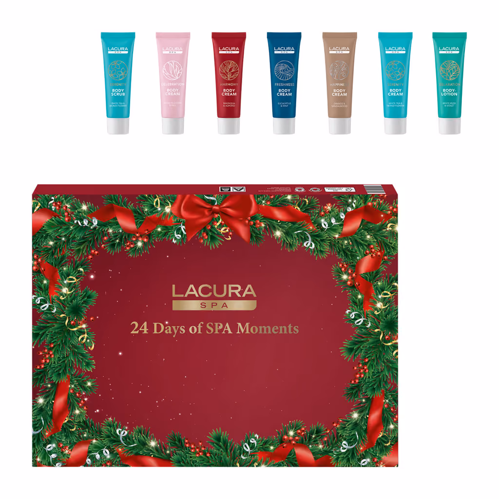 The box with seven Lacura Spa tubes of body scrub, cream and lotion above it
