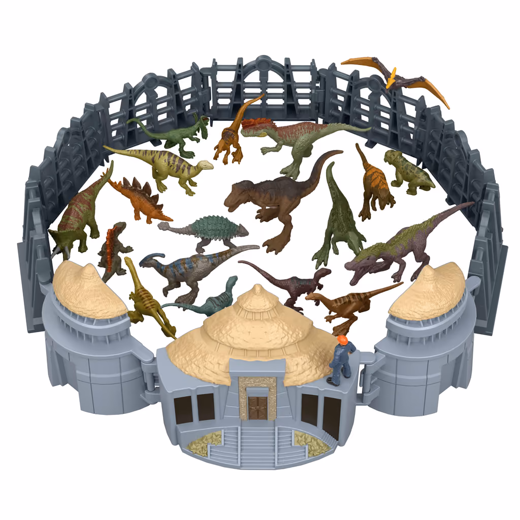 The assembled Visitor Center and fence with the 19 dinosaurs inside