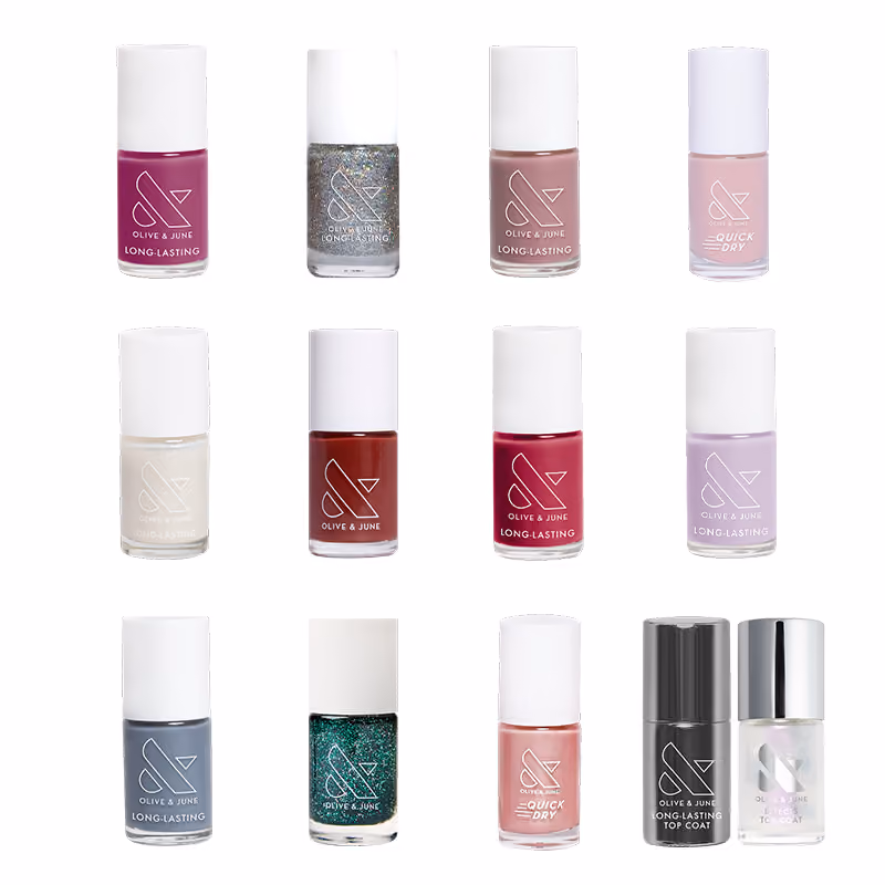 The eleven polishes and two top coats in rows