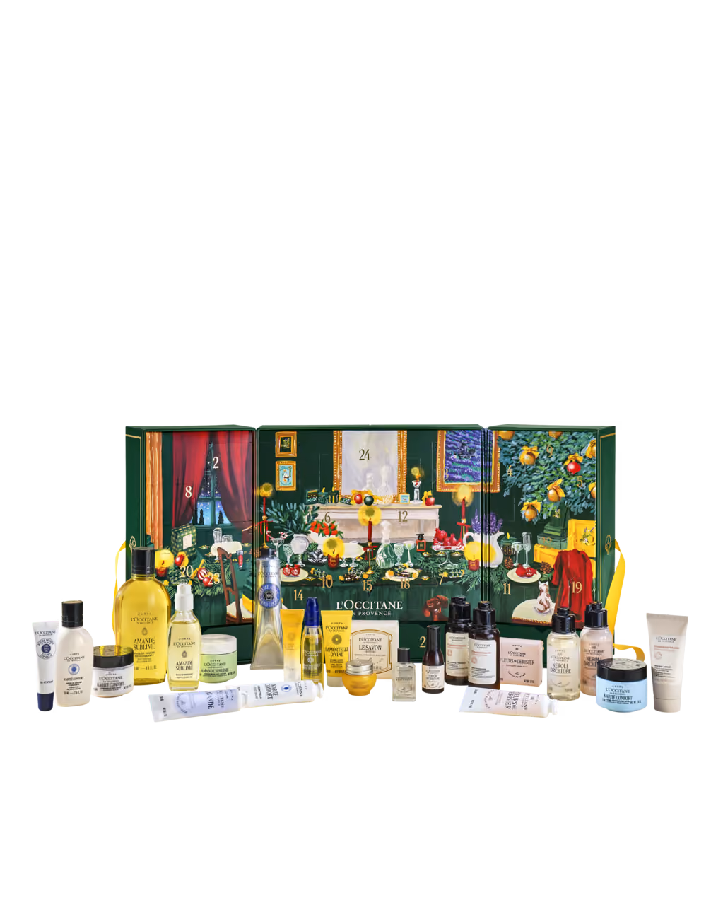 The open triptych with the products unpacked in front of it