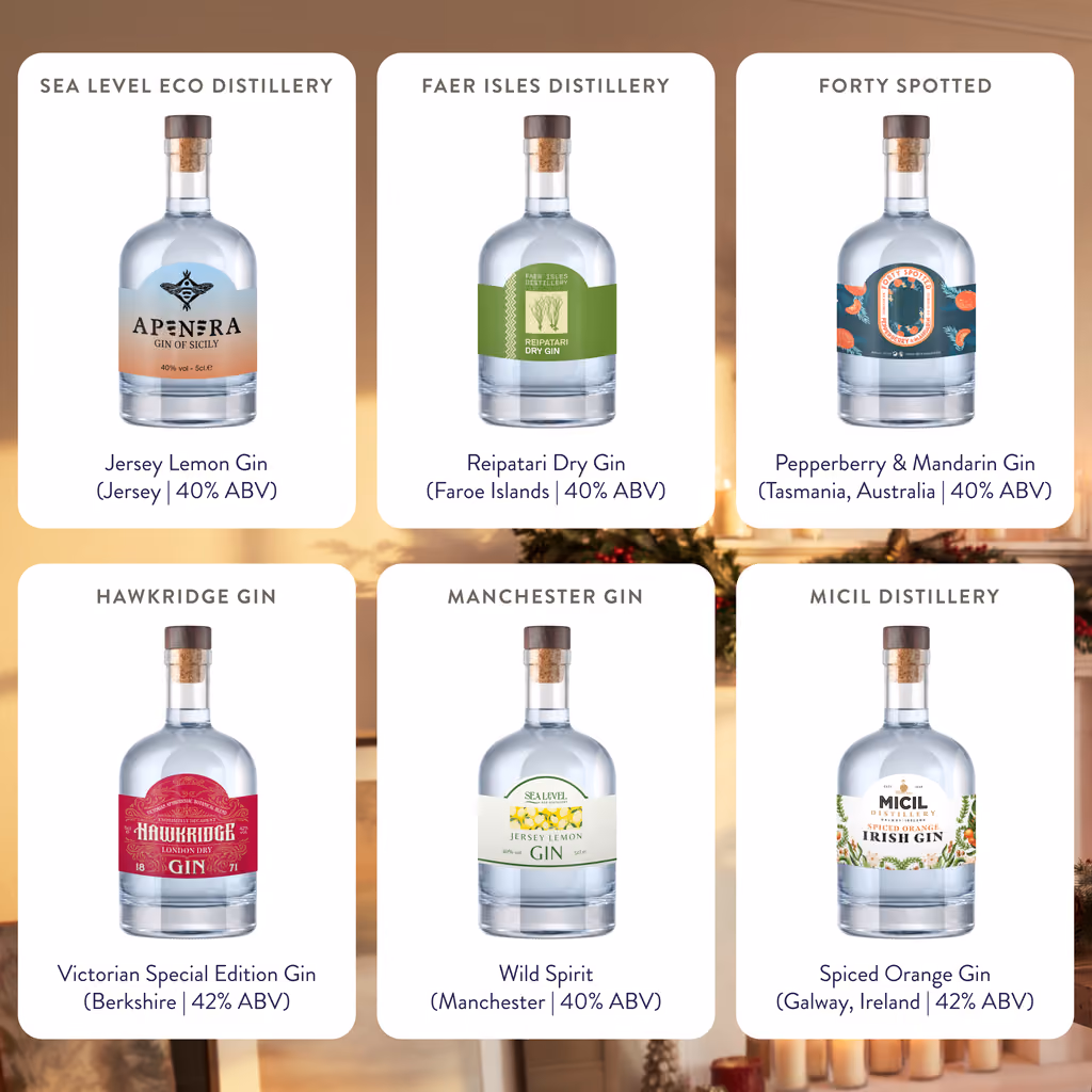 Six of the gins with their regions and strengths, Sea Level to Micil