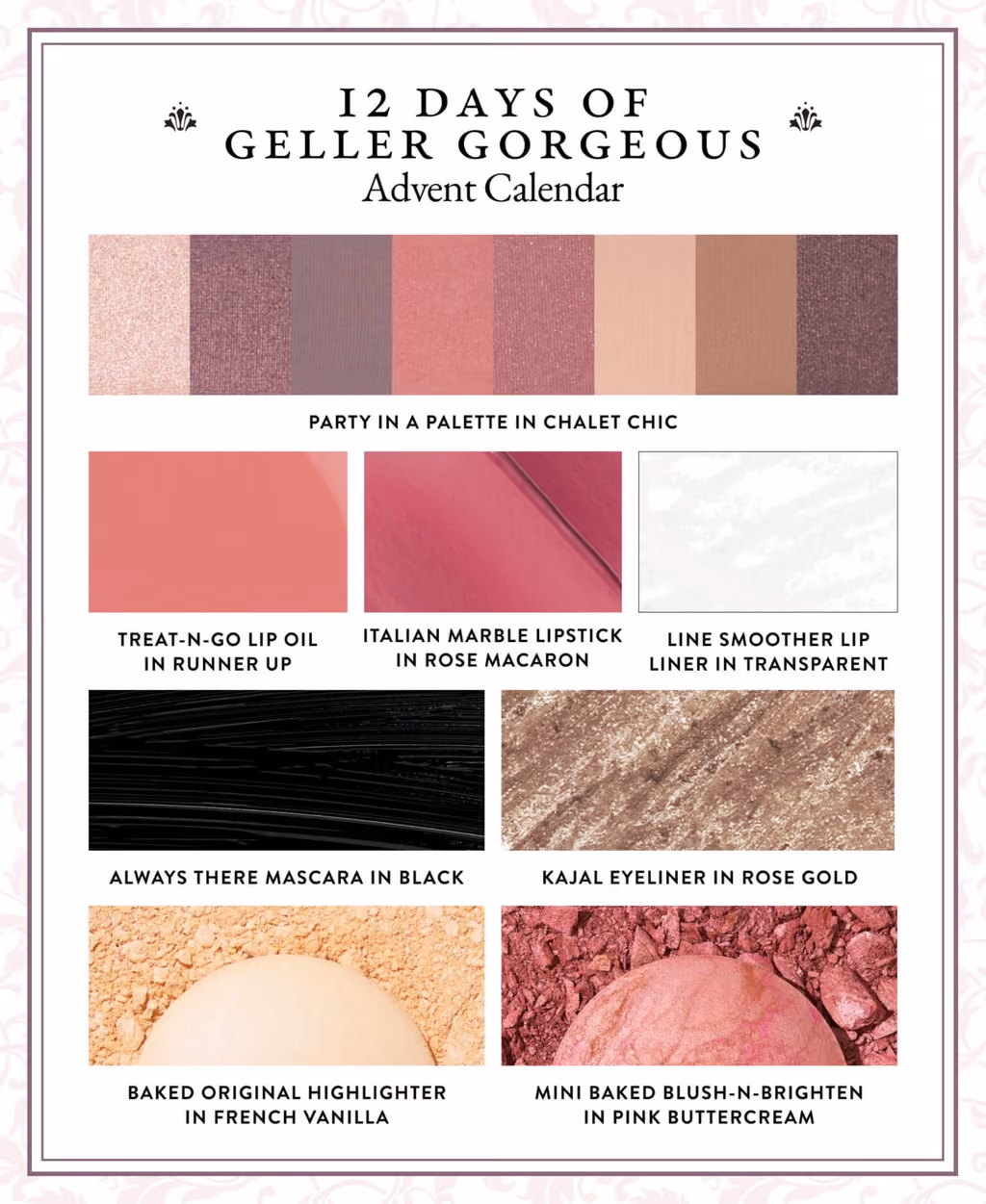 Swatch card naming the palette, lip and cheek shades