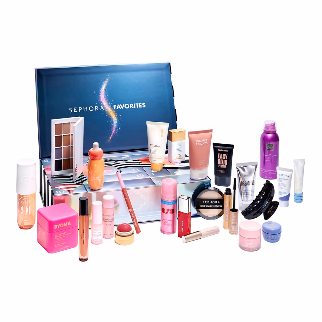 All 24 Sephora Favorites 2026 products laid out in front of the open calendar box